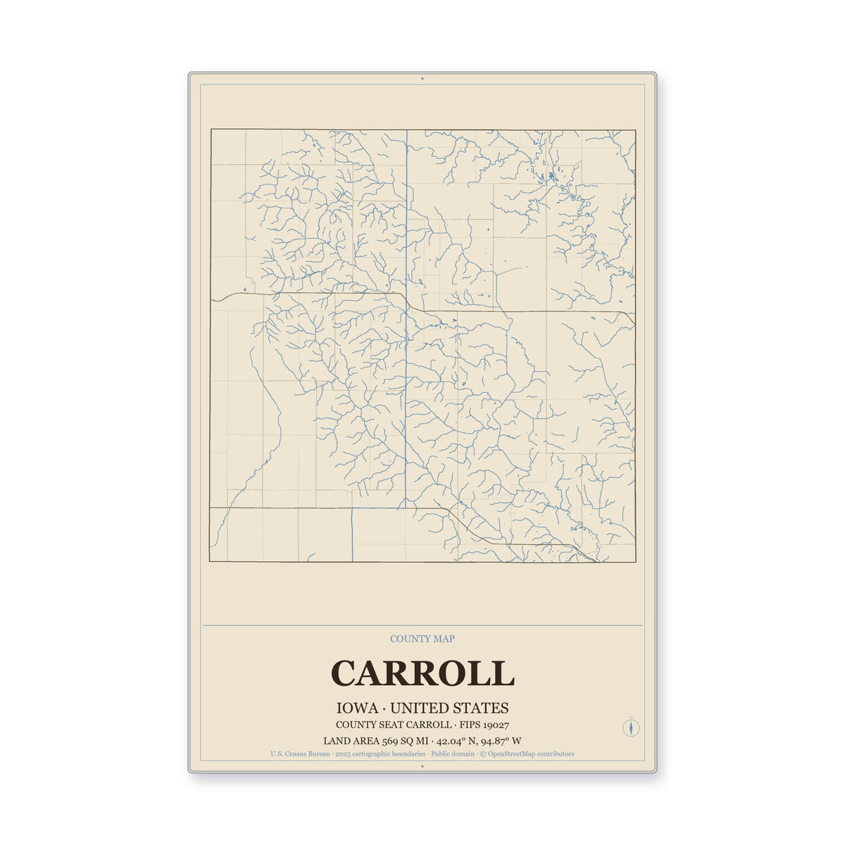 Carroll County, Iowa Map Aluminum Sign in Heritage Nautical style
