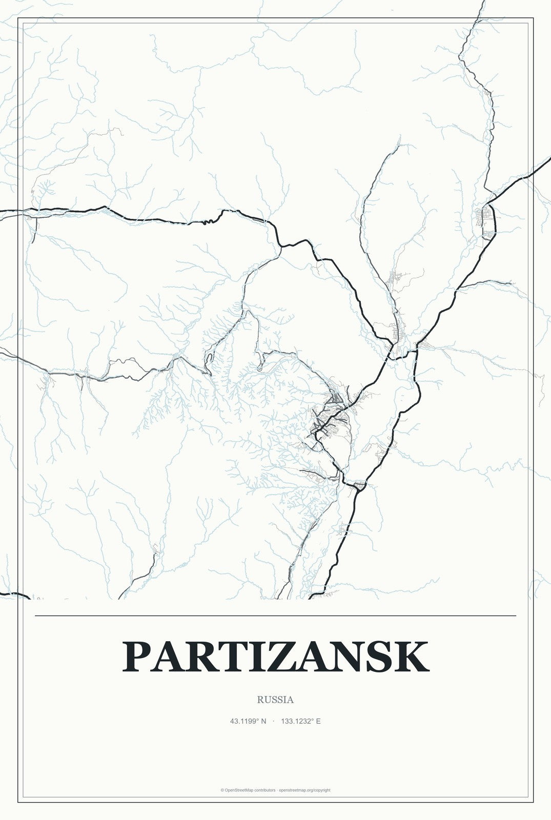 Partizansk, Russia City Map Aluminum Sign in Gallery Air style