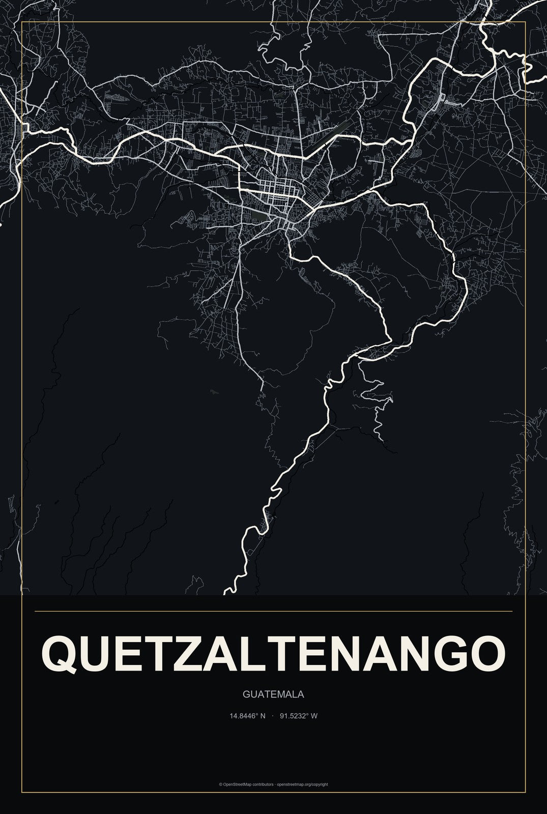 Quetzaltenango, Guatemala City Map Aluminum Sign in Metropolitan Noir style