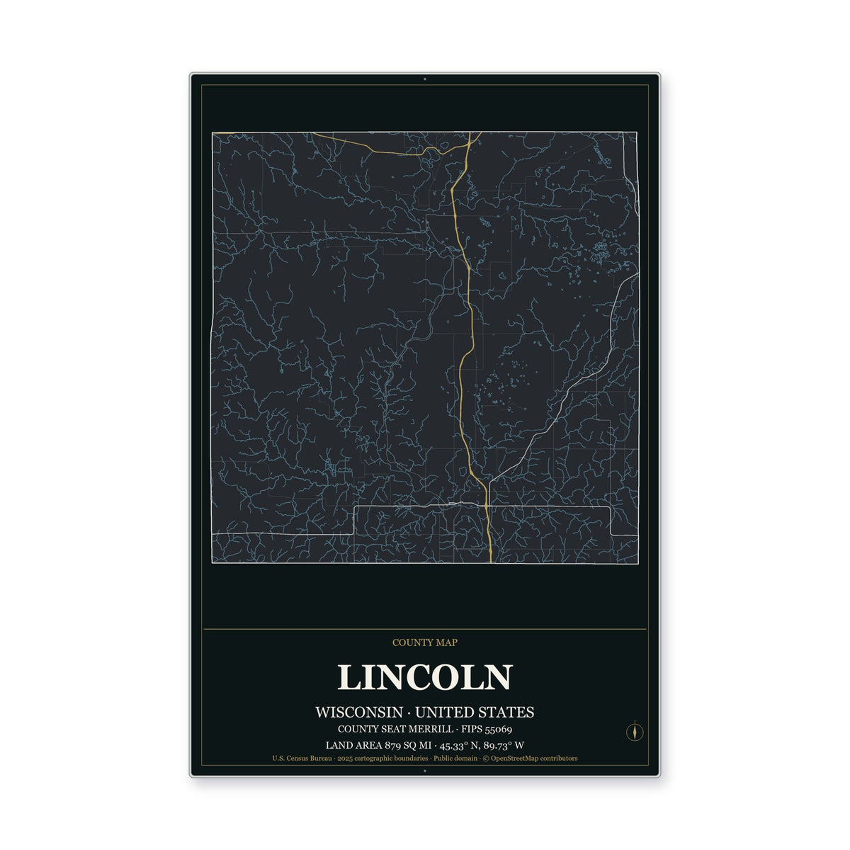 Lincoln County, Wisconsin Map Aluminum Sign in Metropolitan Noir style