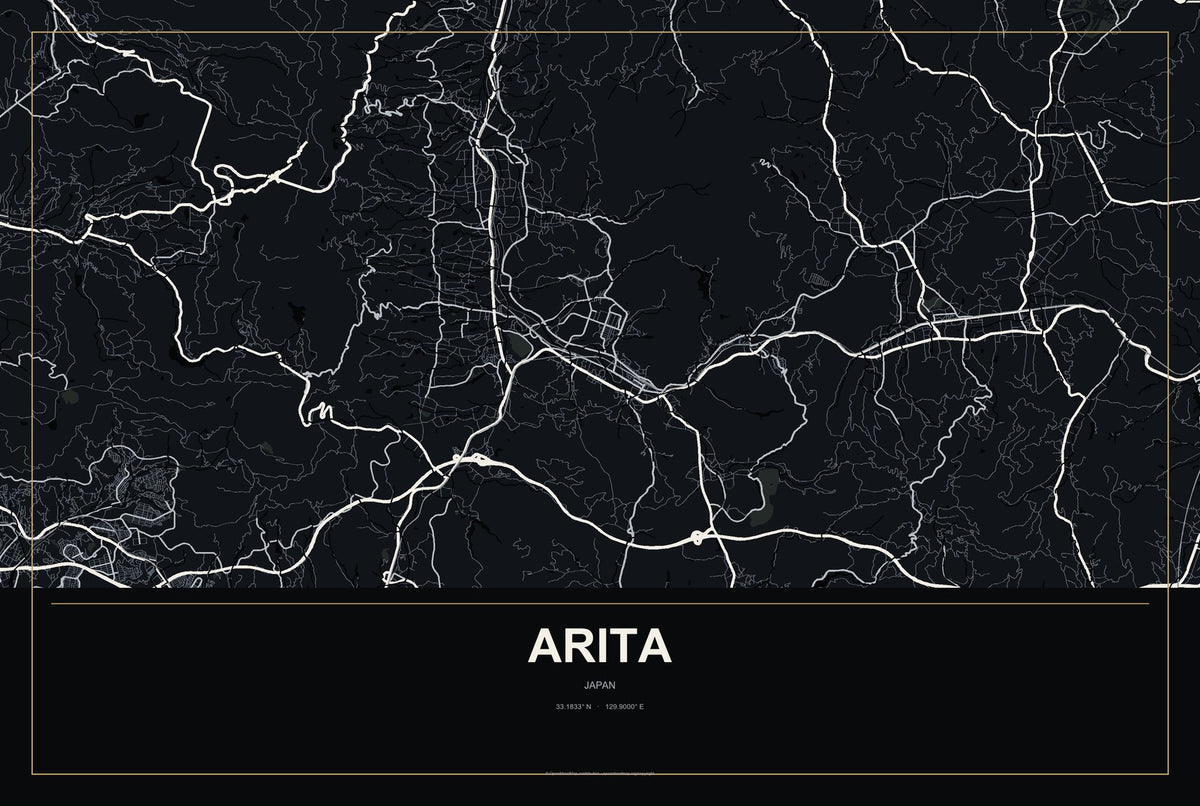 Arita, Japan City Map Aluminum Sign in Metropolitan Noir style