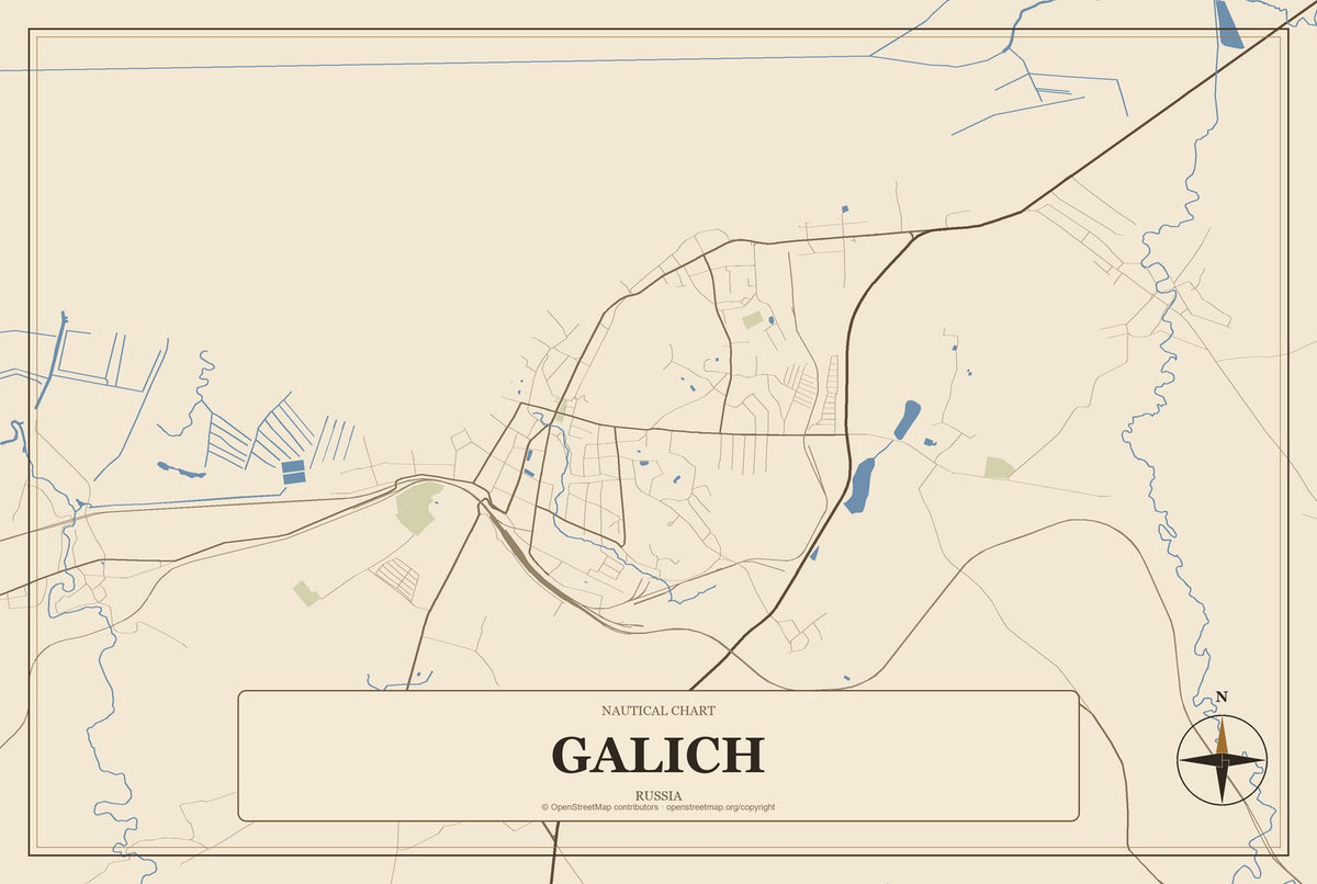 Galich, Russia City Map Aluminum Sign in Heritage Nautical style
