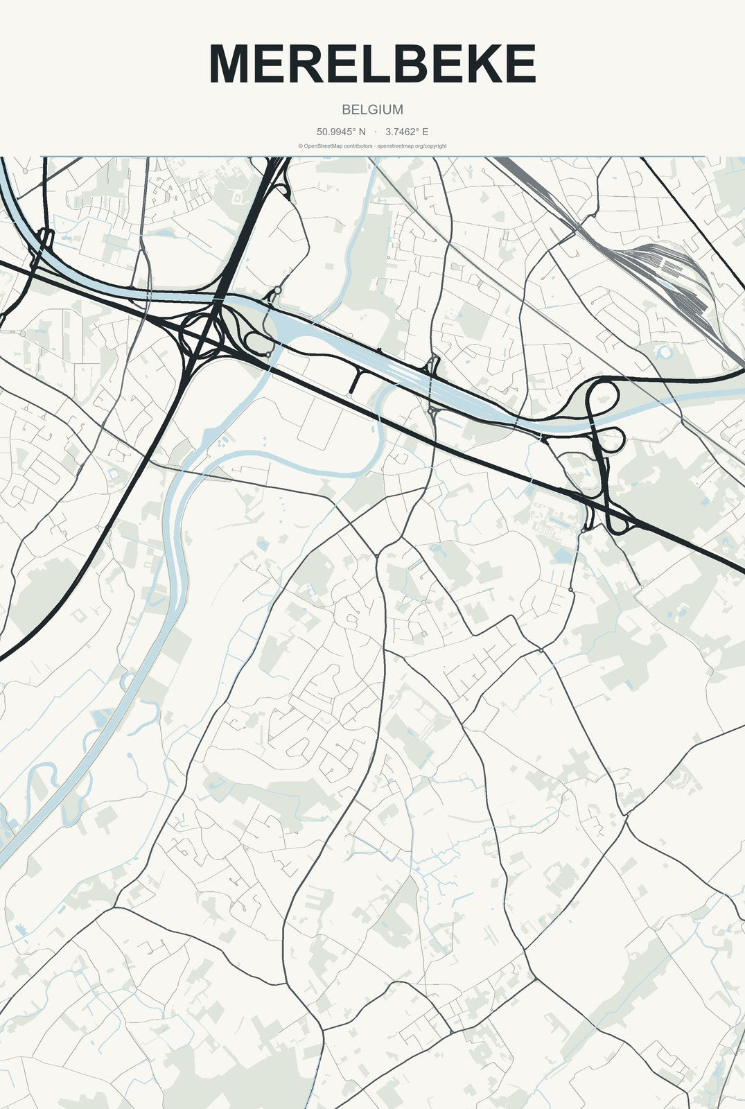 Merelbeke, Belgium City Map Aluminum Sign in Headline Atlas style