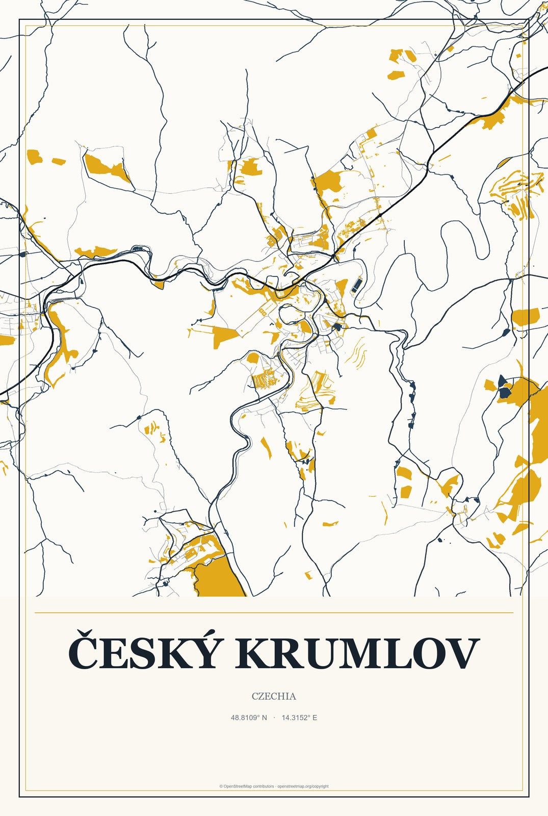 Český Krumlov, Czechia City Map Aluminum Sign in Citrine Modern style