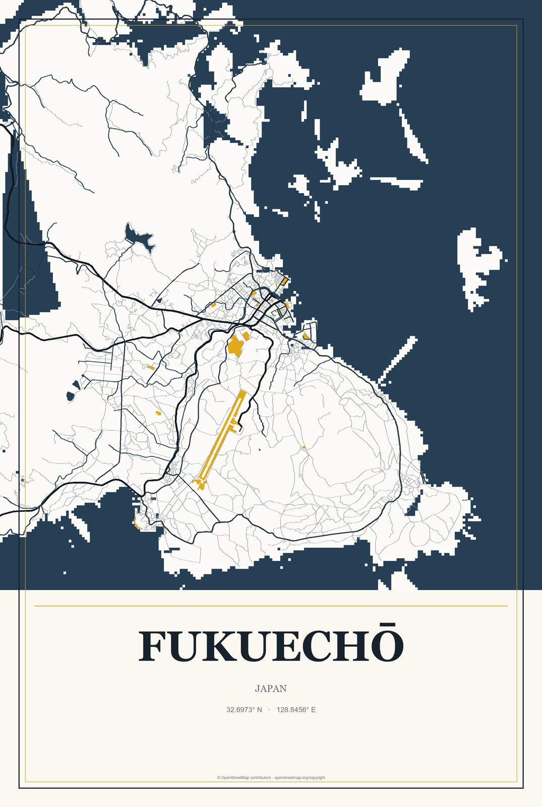 Fukuechō, Japan City Map Aluminum Sign in Citrine Modern style