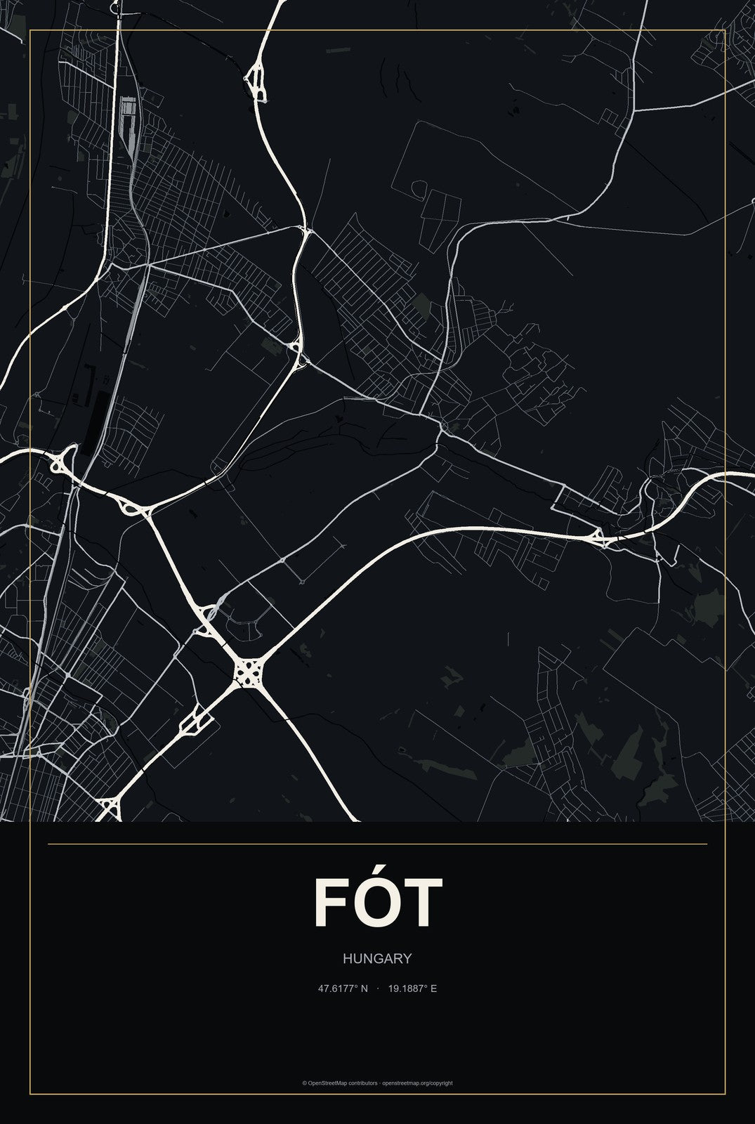 Fót, Hungary City Map Aluminum Sign in Metropolitan Noir style