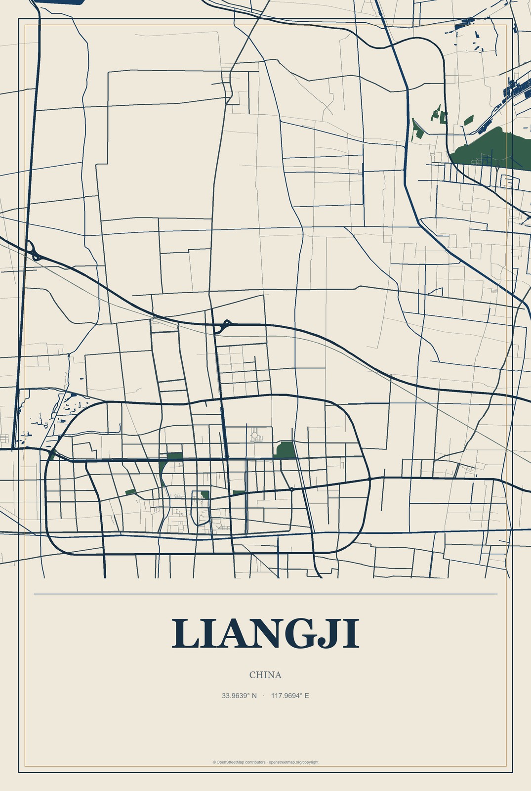 Liangji, China City Map Aluminum Sign in Coastal Cutout style