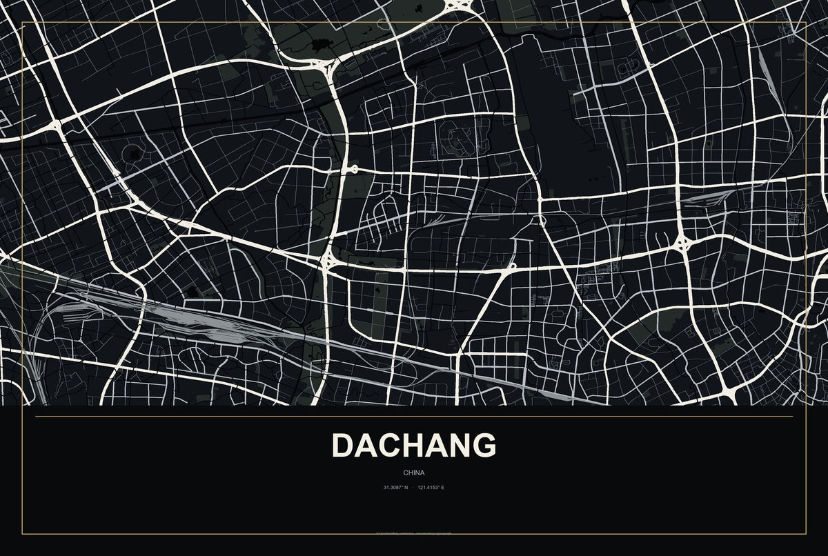 Dachang, Shanghai, China City Map Aluminum Sign in Metropolitan Noir style