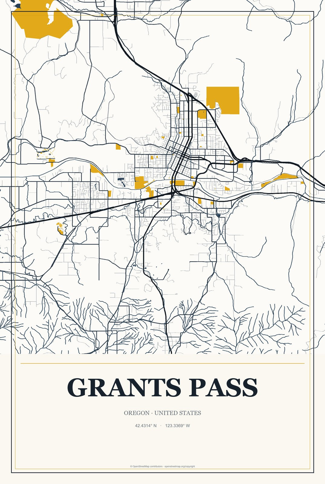 Grants Pass, Oregon City Map Aluminum Sign in Citrine Modern style