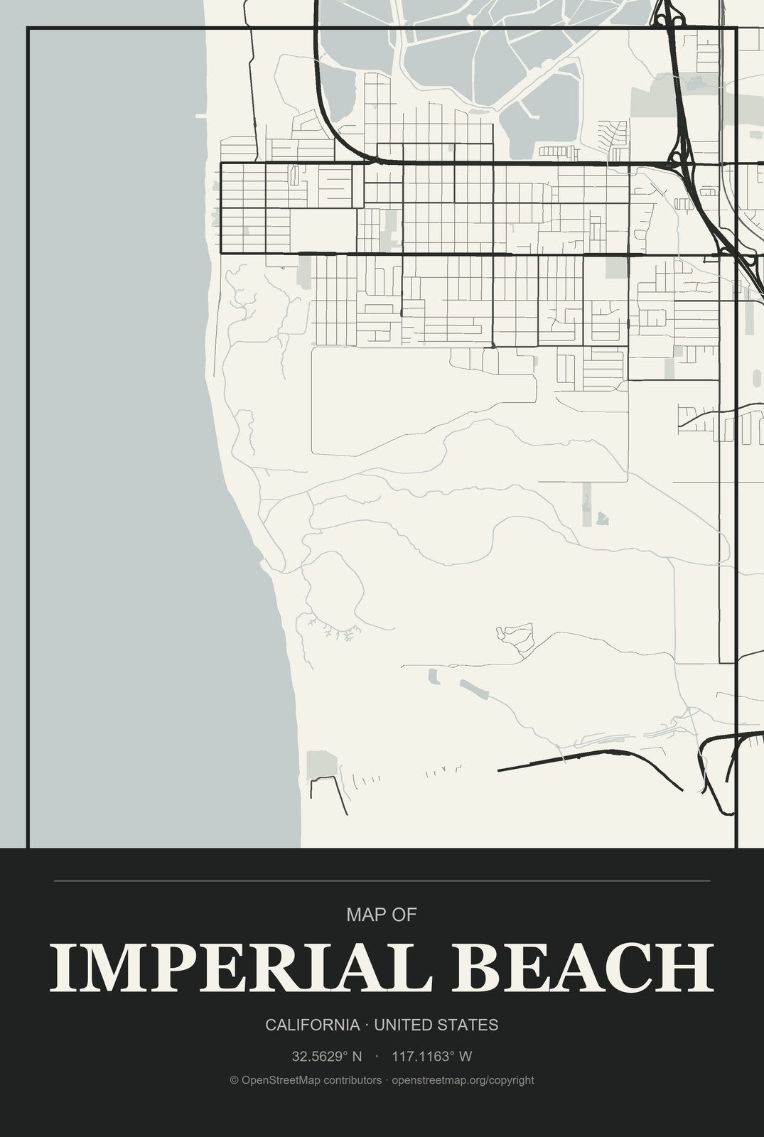 Imperial Beach, California City Map Aluminum Sign in Museum Plaque style