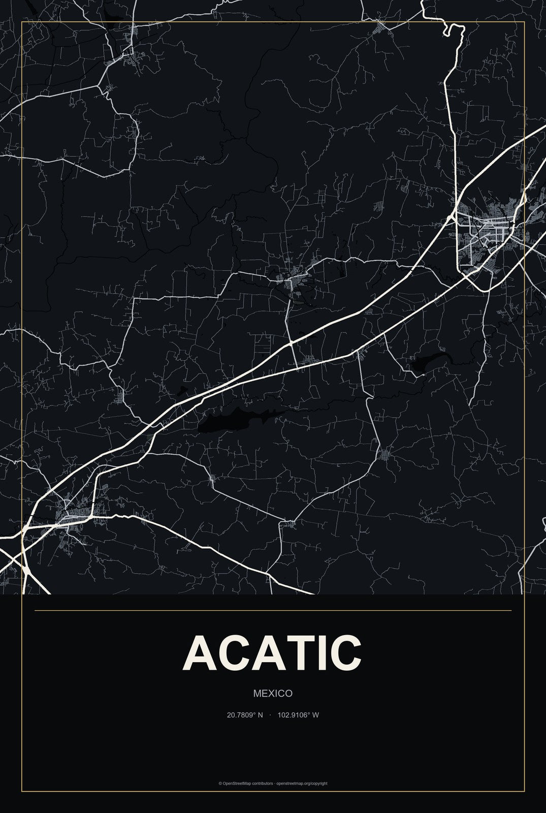 Acatic, Mexico City Map Aluminum Sign in Metropolitan Noir style