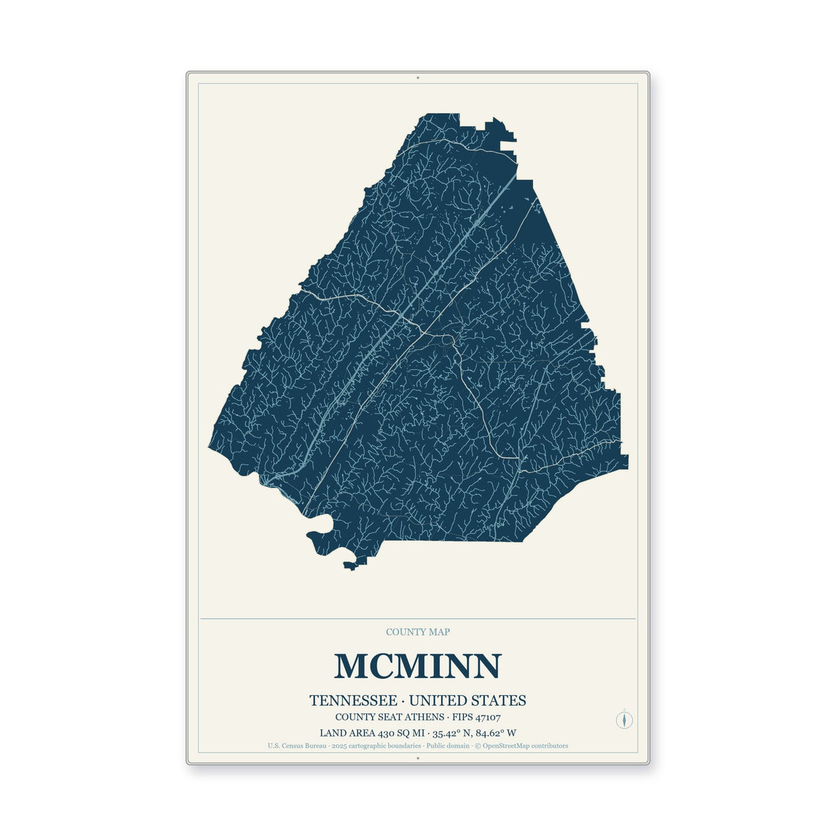 McMinn County, Tennessee Map Aluminum Sign in Coastal Cutout style