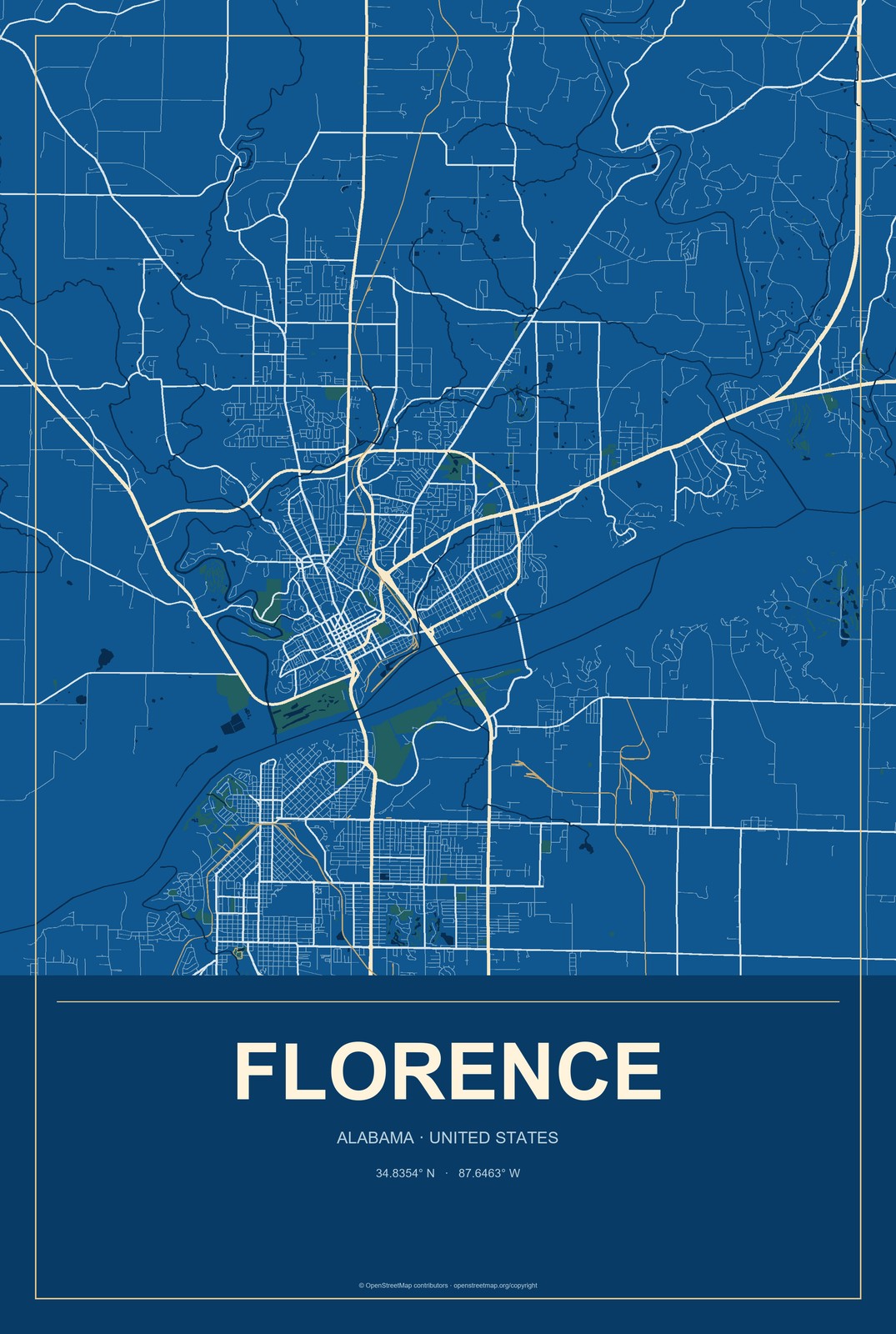 Florence, Alabama City Map Aluminum Sign in Harbor Cobalt style