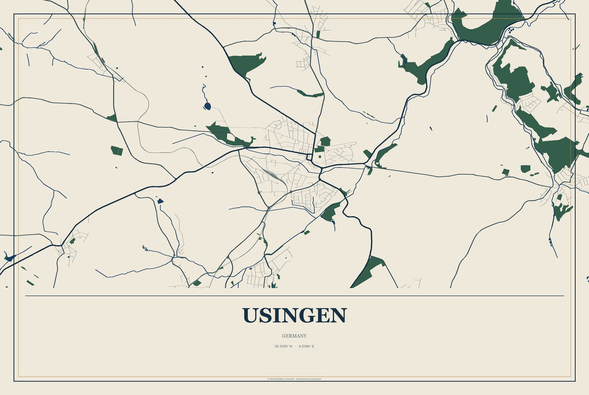Usingen, Germany City Map Aluminum Sign in Coastal Cutout style