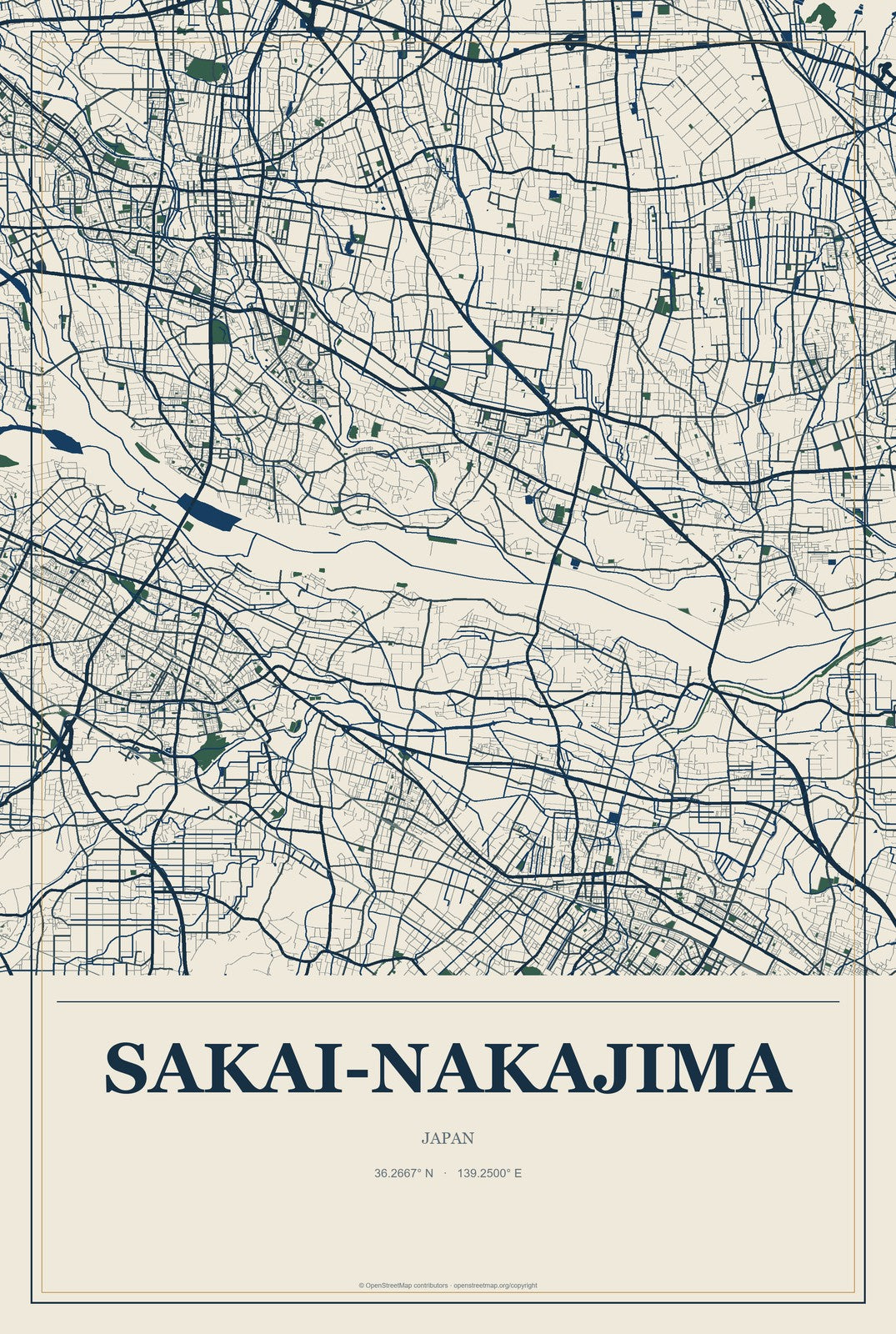 Sakai-nakajima, Japan City Map Aluminum Sign in Coastal Cutout style