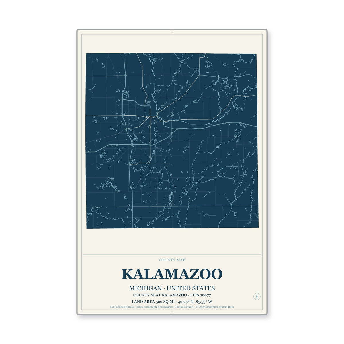 Kalamazoo County, Michigan Map Aluminum Sign in Coastal Cutout style