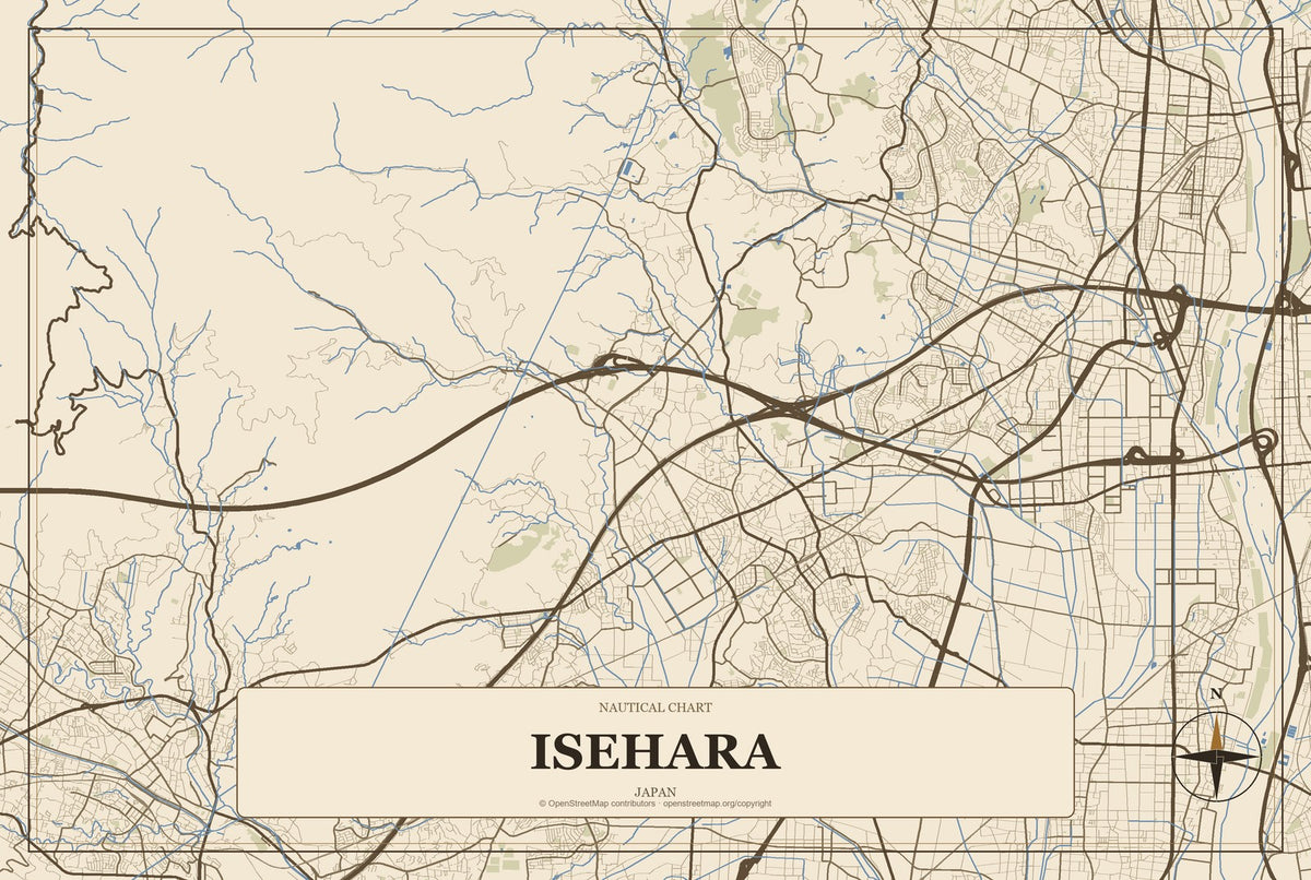 Isehara, Japan City Map Aluminum Sign in Heritage Nautical style