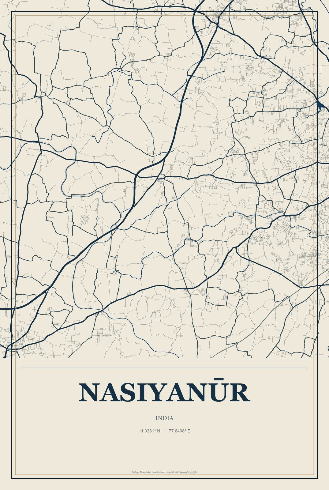 Nasiyanūr, India City Map Aluminum Sign in Coastal Cutout style