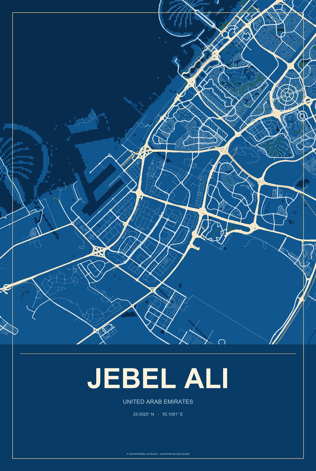 Jebel Ali, United Arab Emirates City Map Aluminum Sign in Harbor Cobalt style