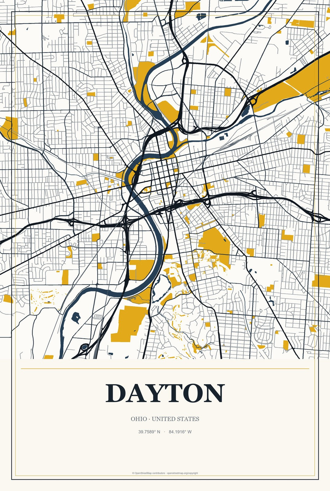 Dayton, Ohio City Map Aluminum Sign in Citrine Modern style