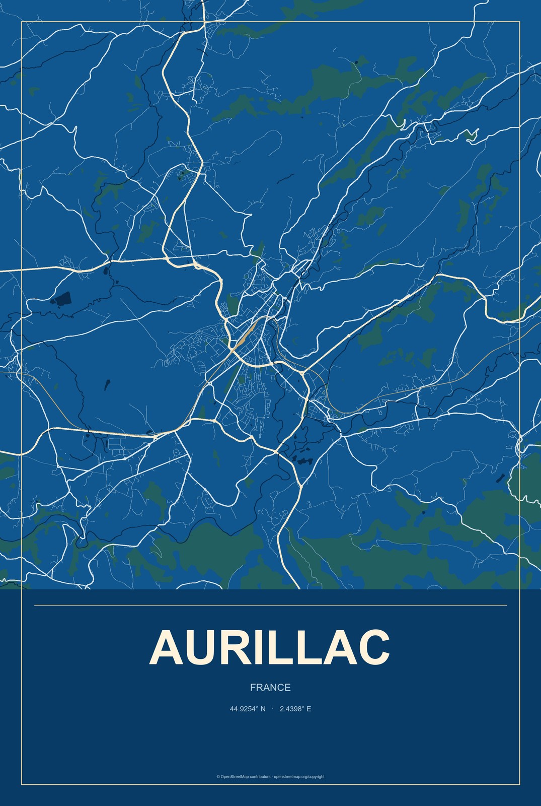 Aurillac, France City Map Aluminum Sign in Harbor Cobalt style