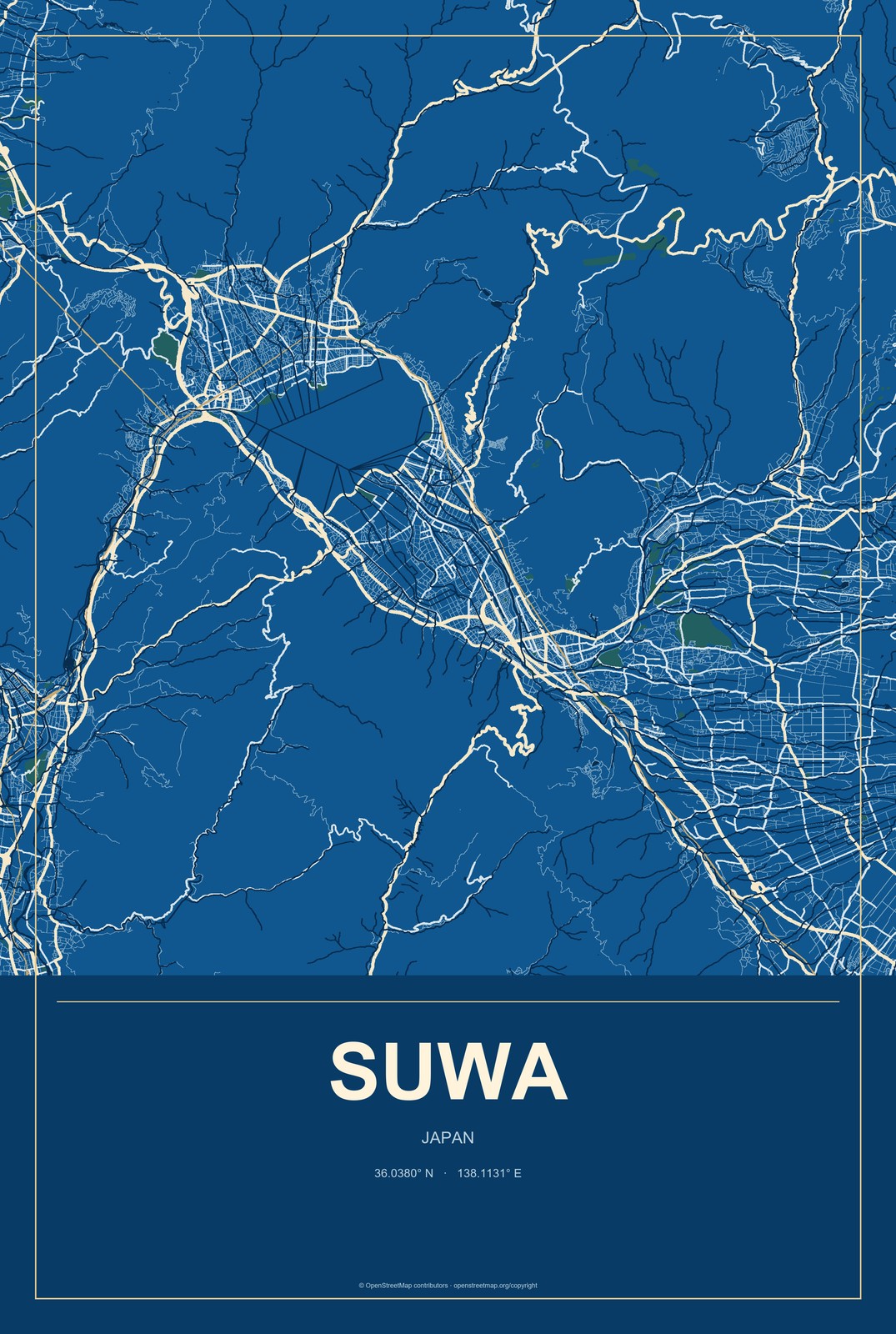 Suwa, Japan City Map Aluminum Sign in Harbor Cobalt style
