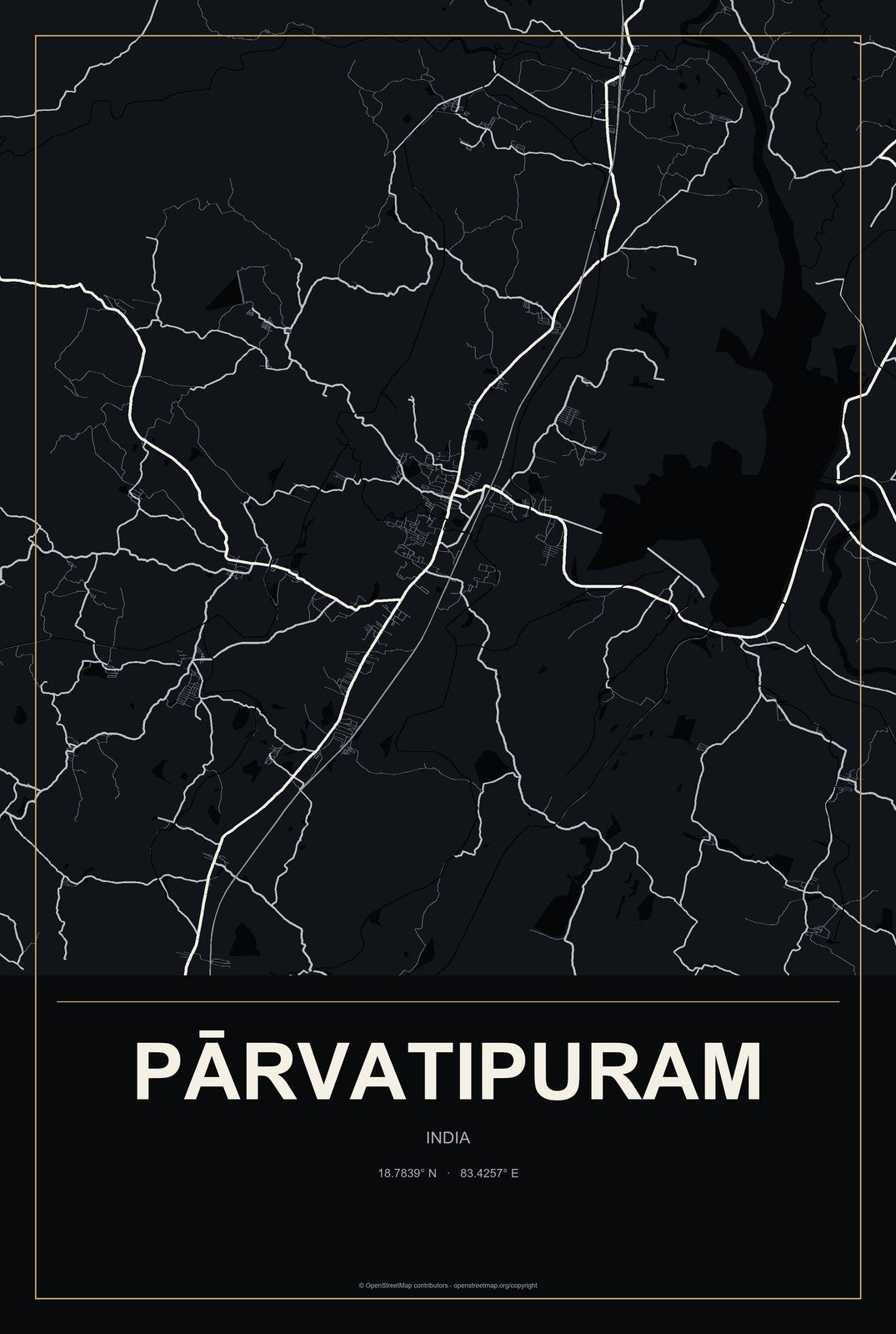 Pārvatipuram, India City Map Aluminum Sign in Metropolitan Noir style