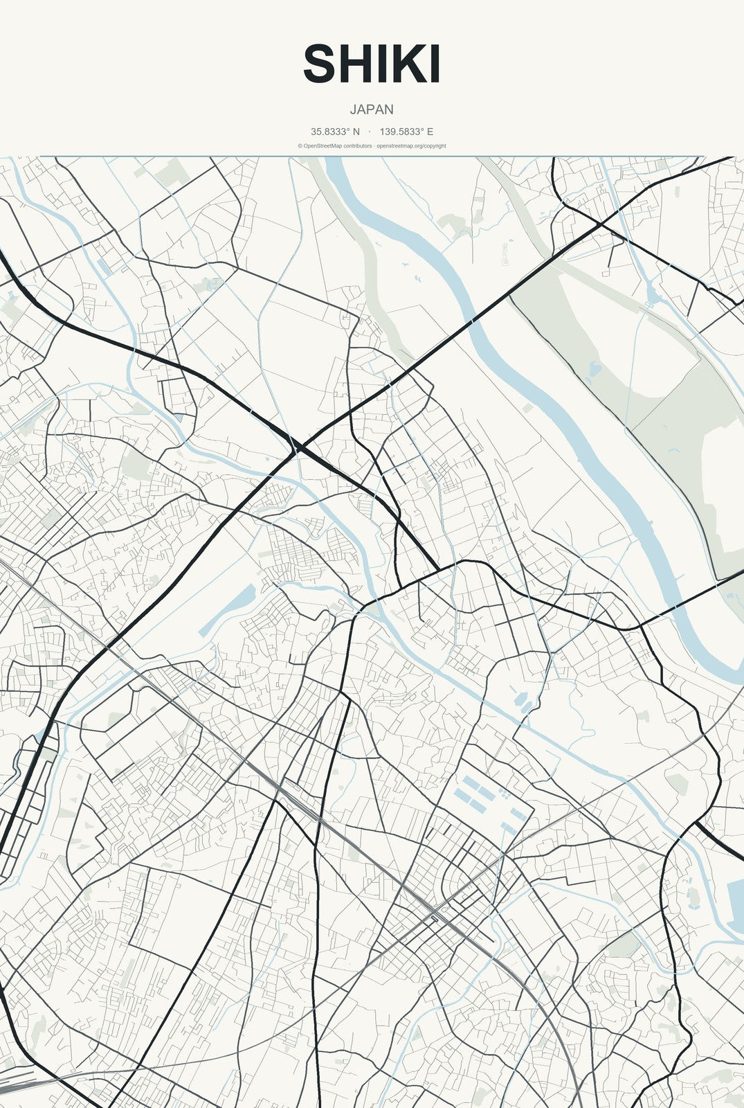 Shiki, Japan City Map Aluminum Sign in Headline Atlas style