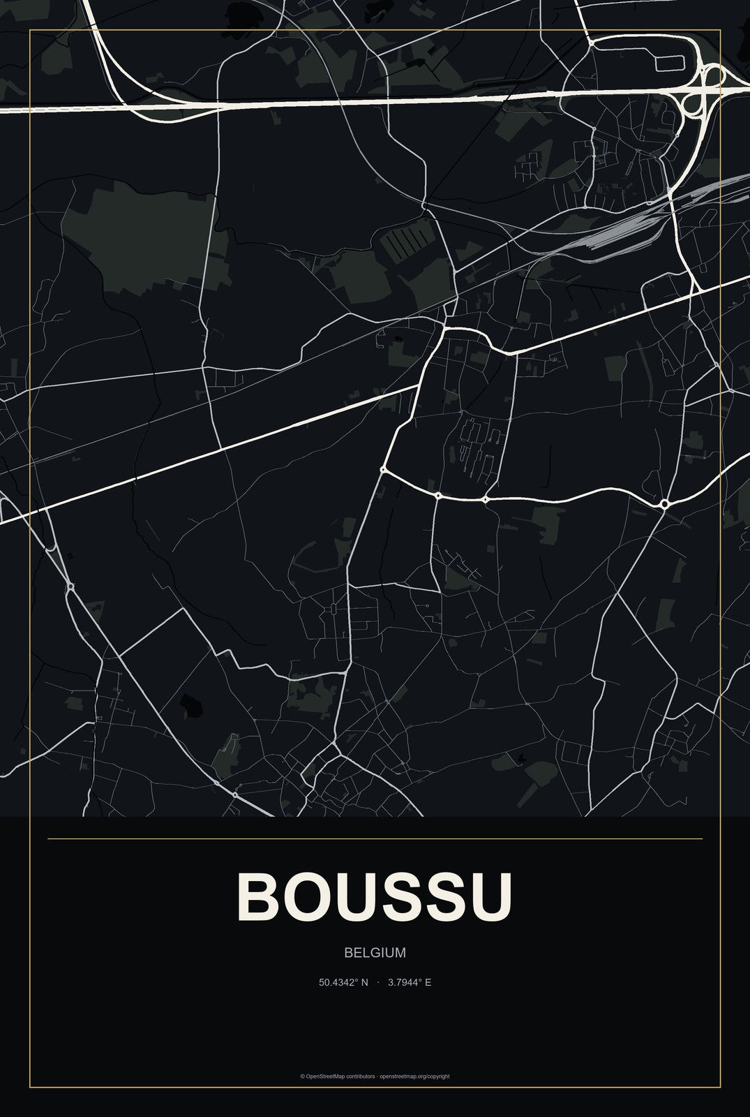 Boussu, Belgium City Map Aluminum Sign in Metropolitan Noir style