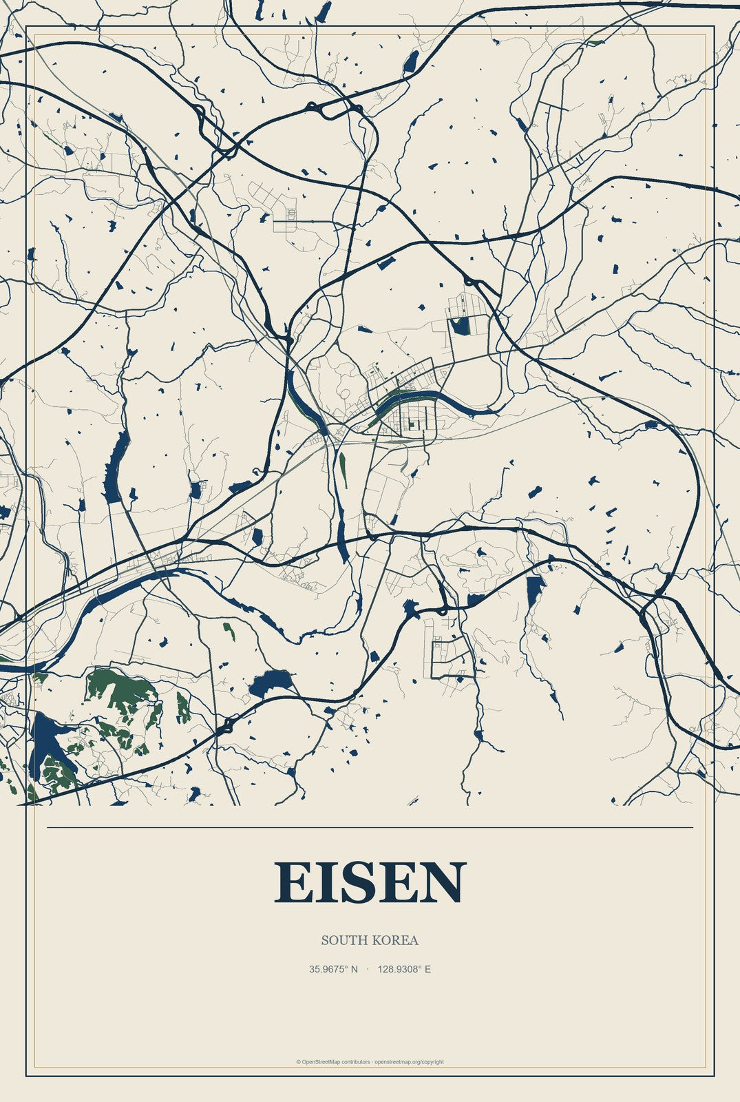 Eisen, South Korea City Map Aluminum Sign in Coastal Cutout style