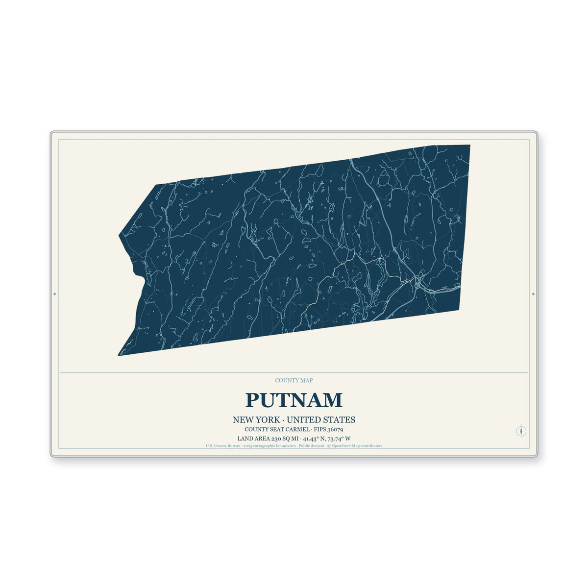 Putnam County, New York Map Aluminum Sign in Coastal Cutout style