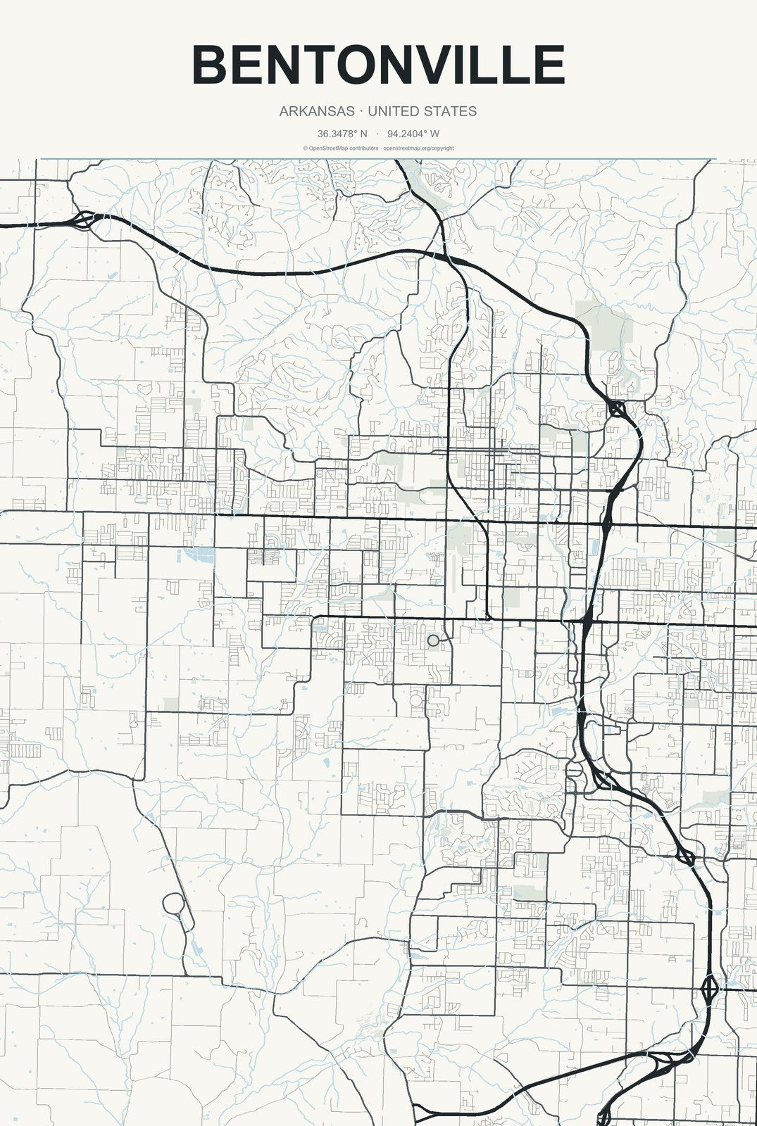 Bentonville, Arkansas City Map Aluminum Sign in Headline Atlas style