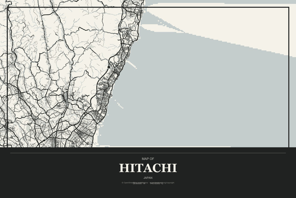 Hitachi, Japan City Map Aluminum Sign in Museum Plaque style