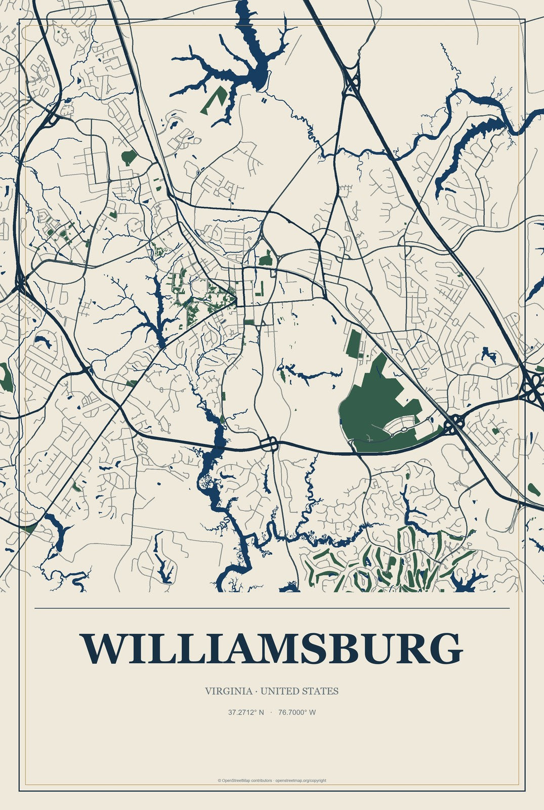 Williamsburg, Virginia City Map Aluminum Sign in Coastal Cutout style