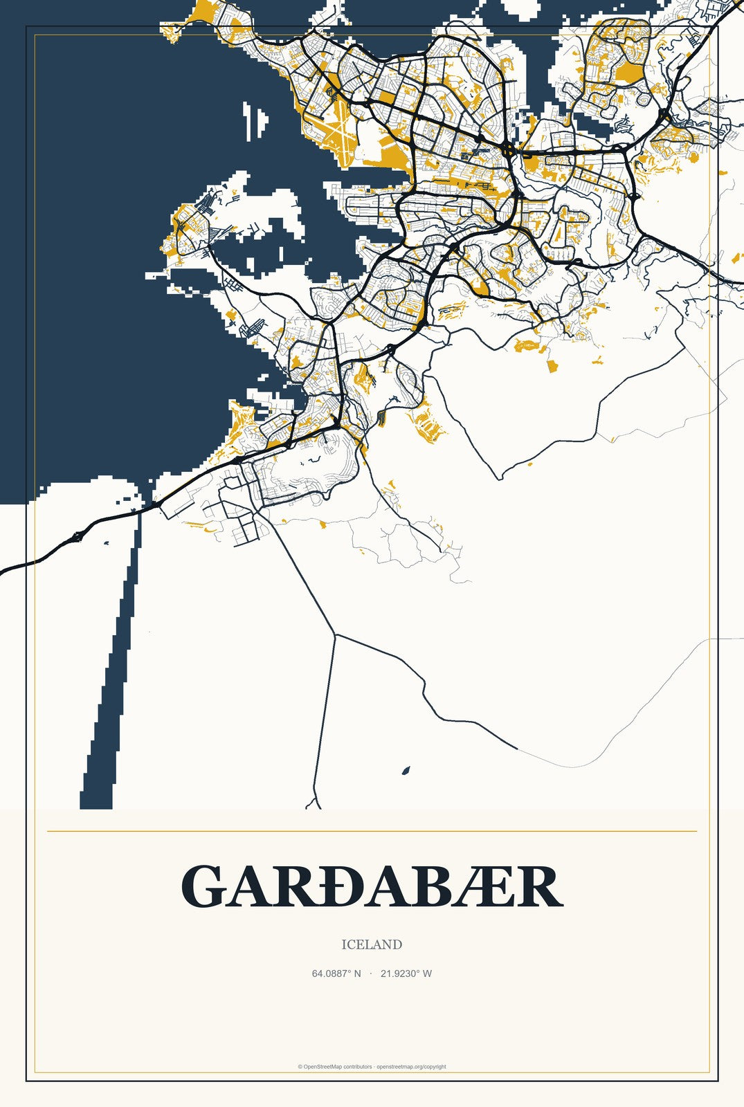 Garðabær, Iceland City Map Aluminum Sign in Citrine Modern style