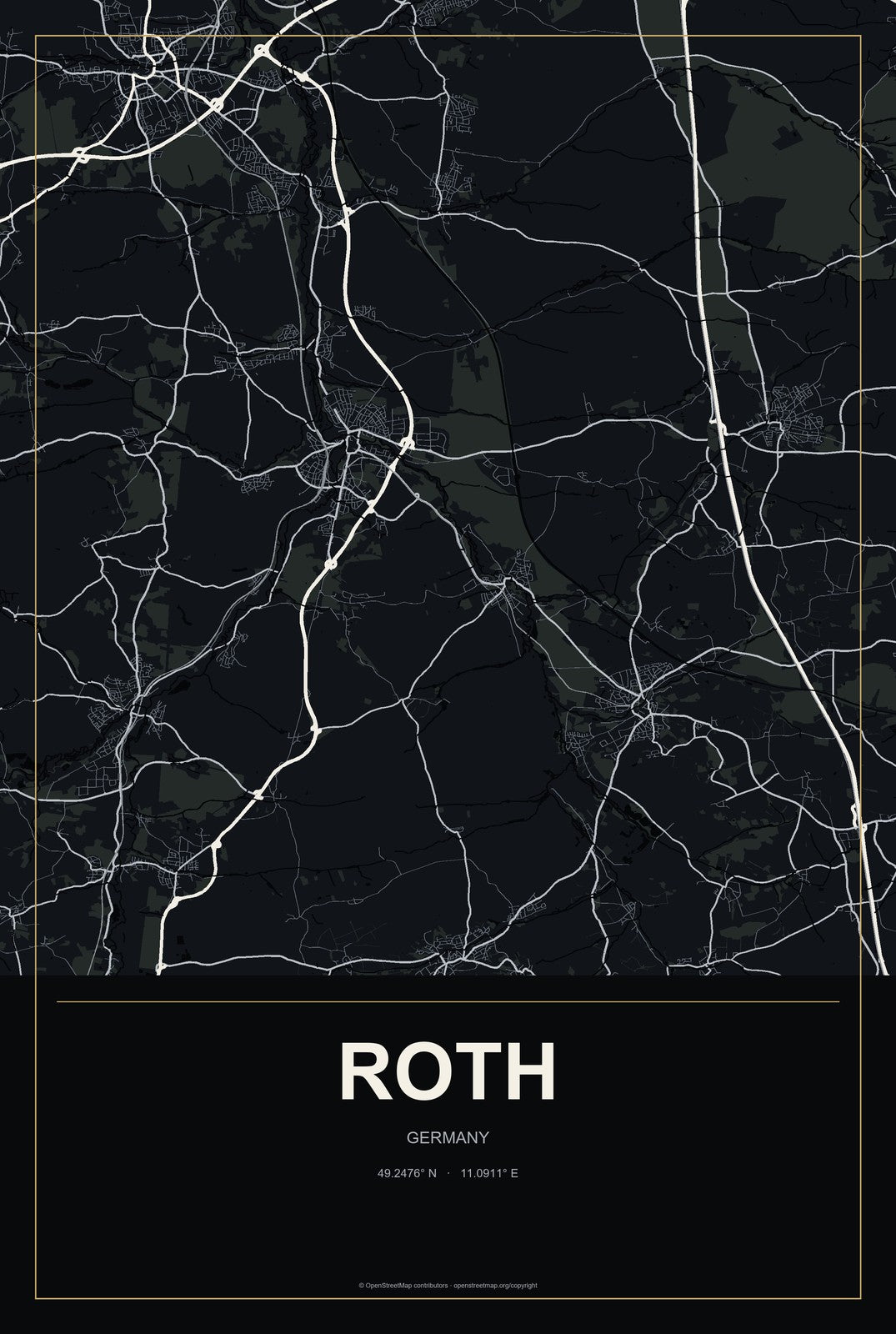 Roth, Germany City Map Aluminum Sign in Metropolitan Noir style