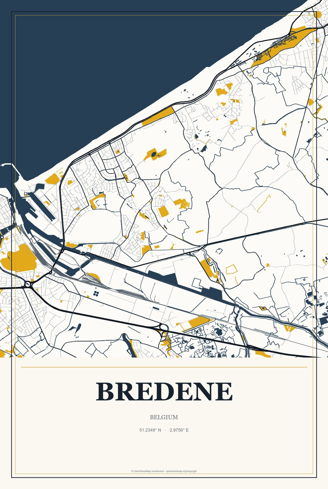 Bredene, Belgium City Map Aluminum Sign in Citrine Modern style