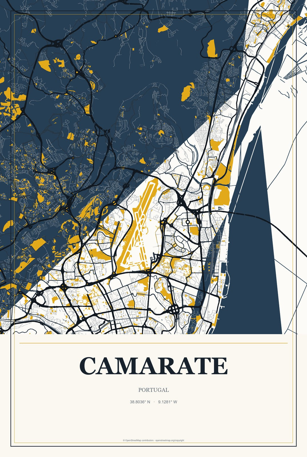 Camarate, Portugal City Map Aluminum Sign in Citrine Modern style