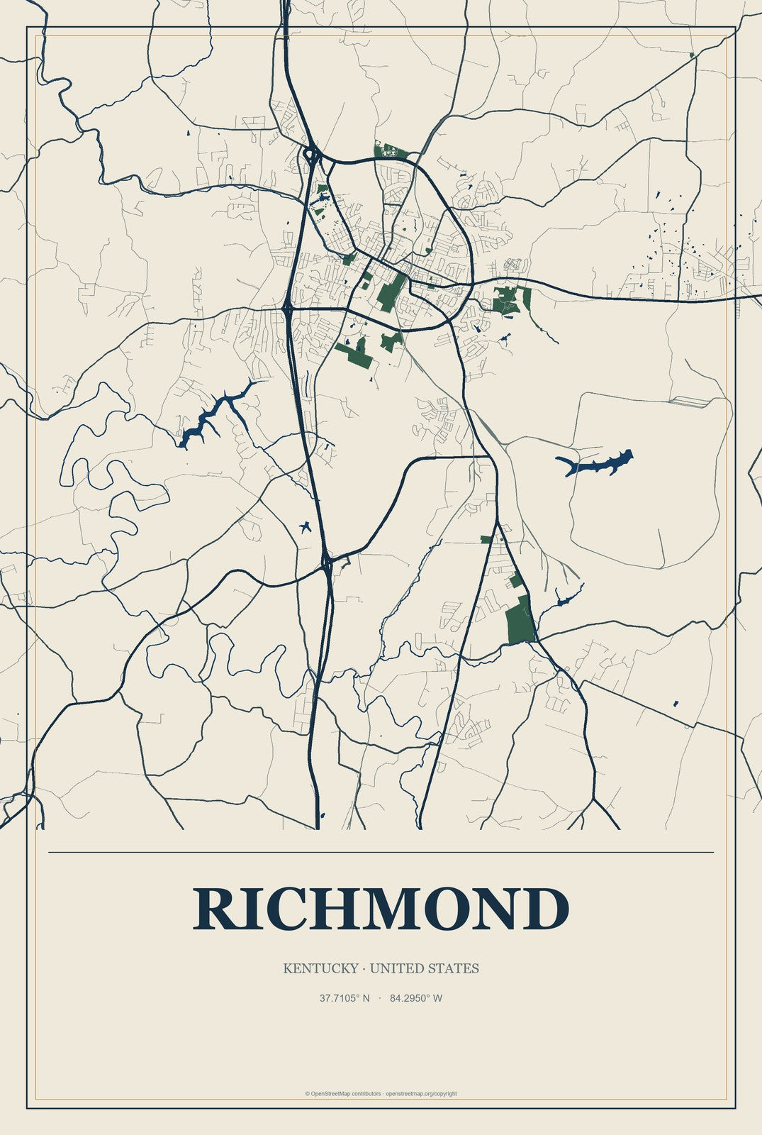 Richmond, Kentucky City Map Aluminum Sign in Coastal Cutout style