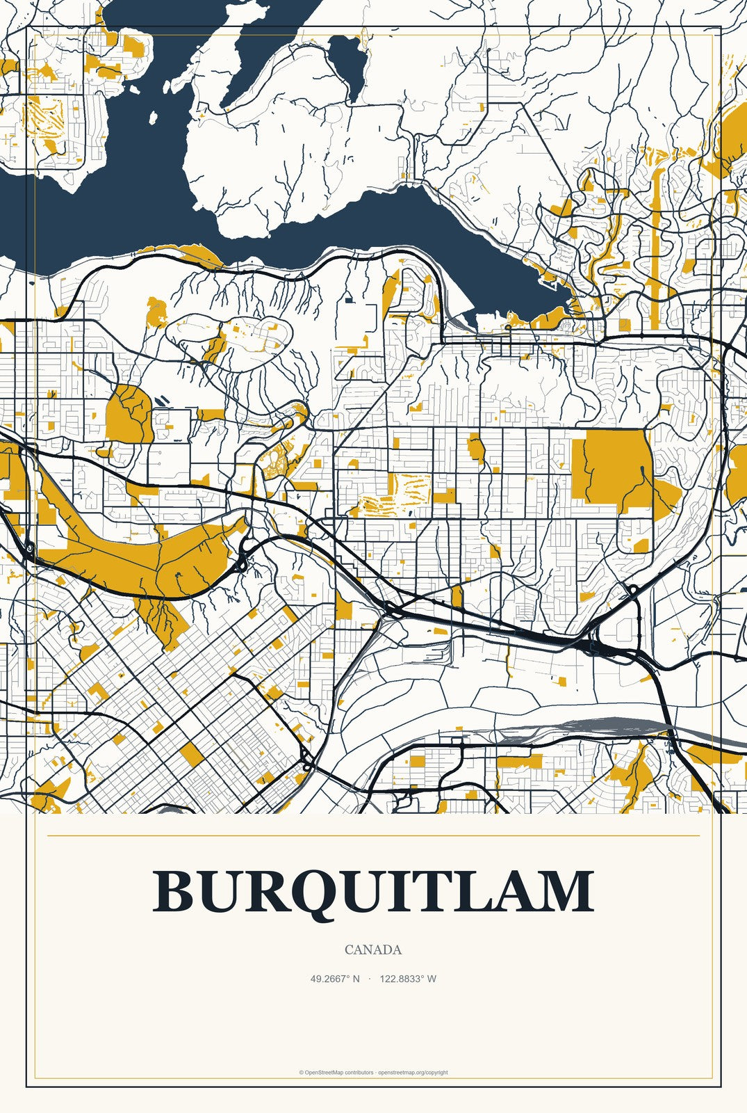 Burquitlam, Canada City Map Aluminum Sign in Citrine Modern style