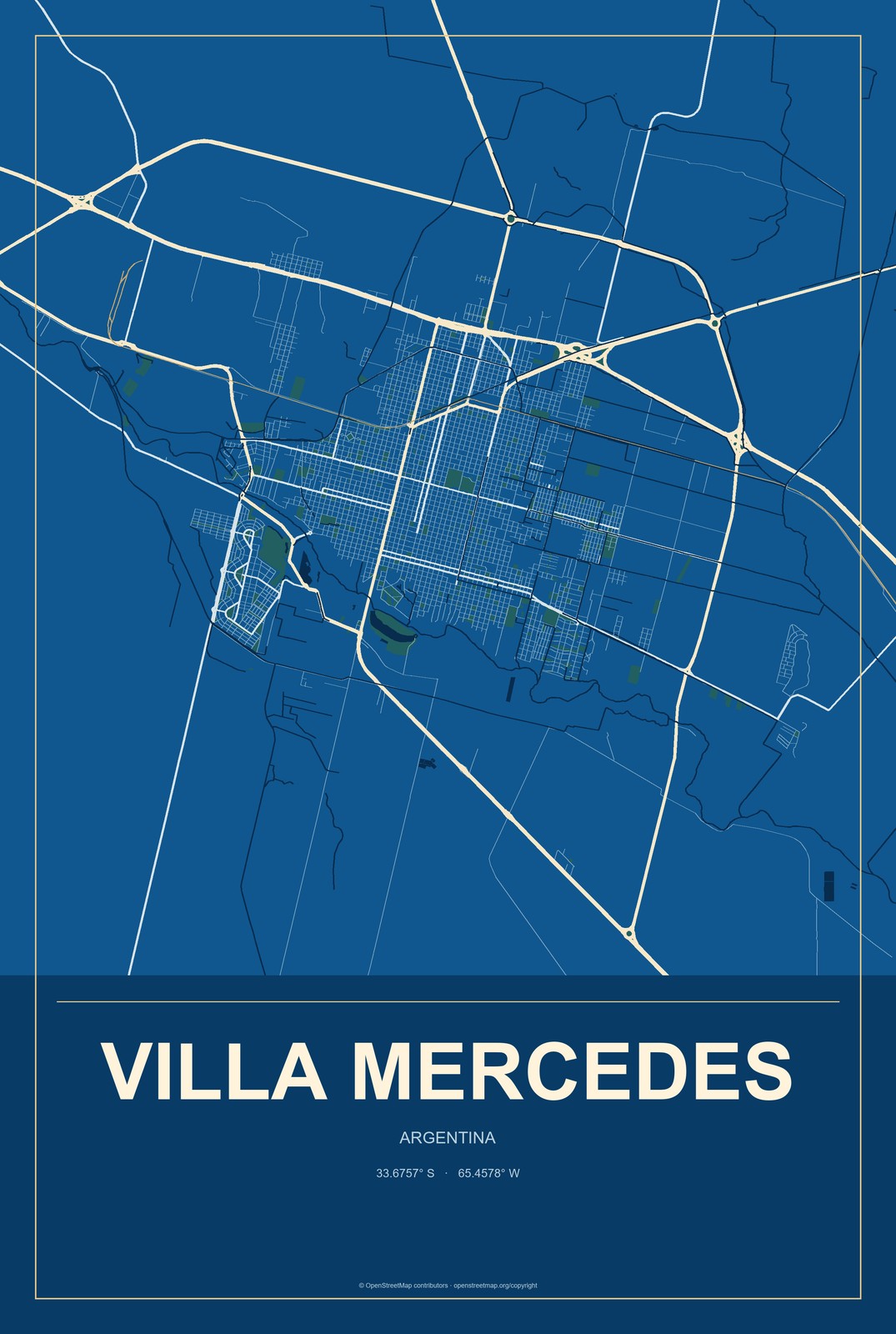 Villa Mercedes, Argentina City Map Aluminum Sign in Harbor Cobalt style