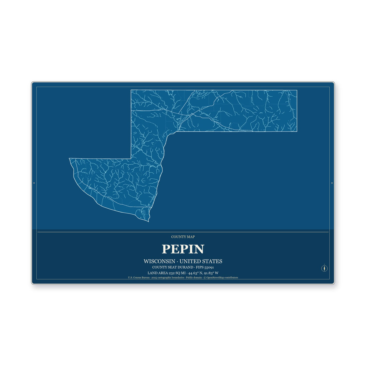 Pepin County, Wisconsin Map Aluminum Sign in Harbor Cobalt style
