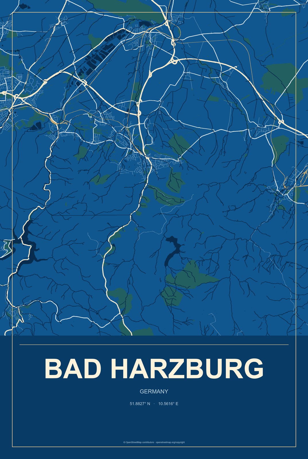Bad Harzburg, Germany City Map Aluminum Sign in Harbor Cobalt style