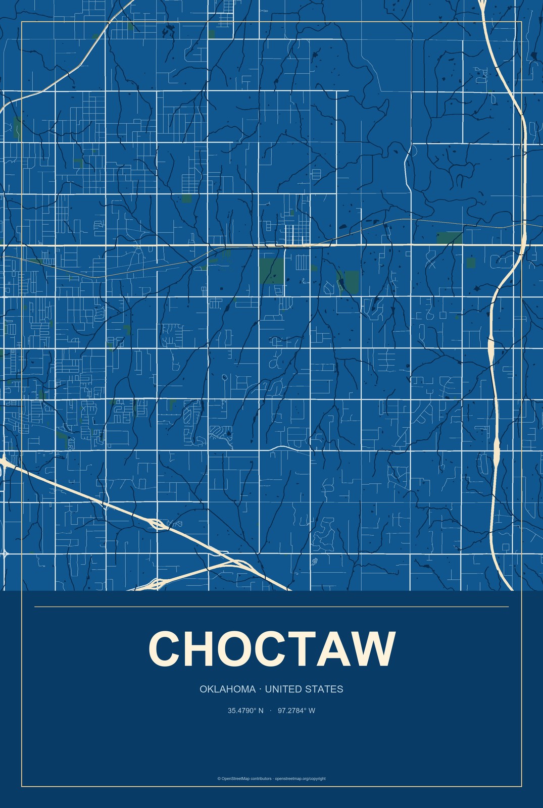 Choctaw, Oklahoma City Map Aluminum Sign in Harbor Cobalt style