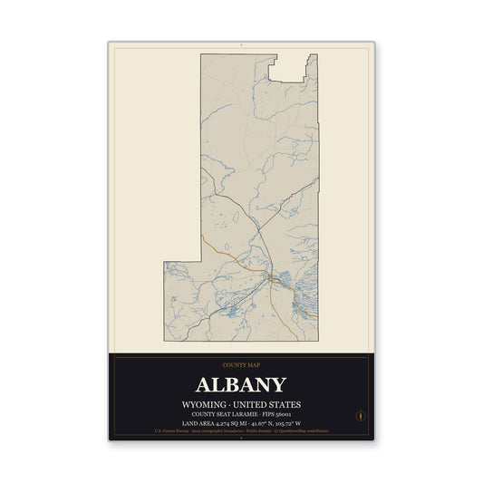 Albany County, Wyoming Map Aluminum Sign in Museum Plaque style