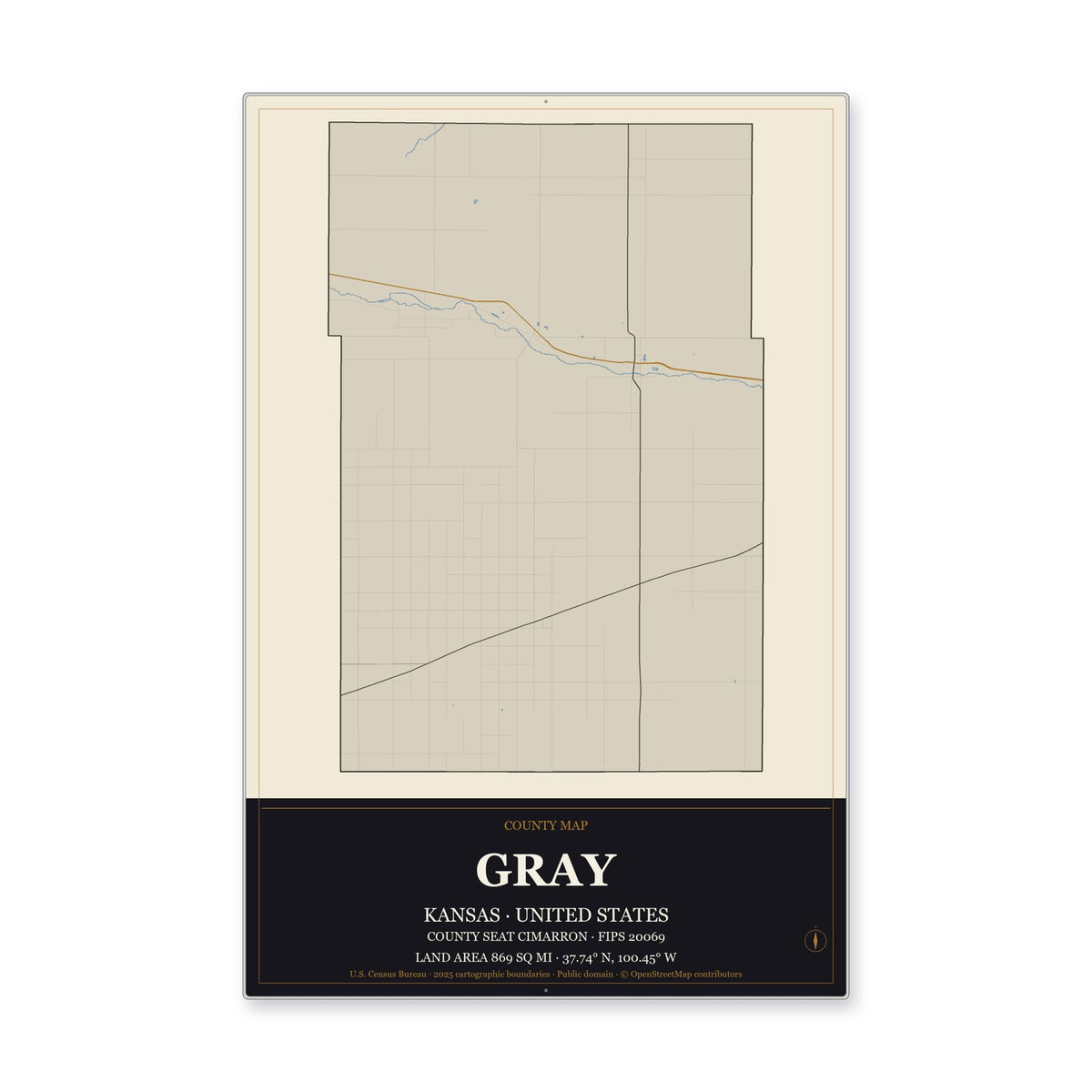 Gray County, Kansas Map Aluminum Sign in Museum Plaque style
