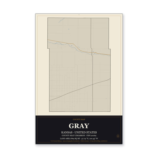 Gray County, Kansas Map Aluminum Sign in Museum Plaque style