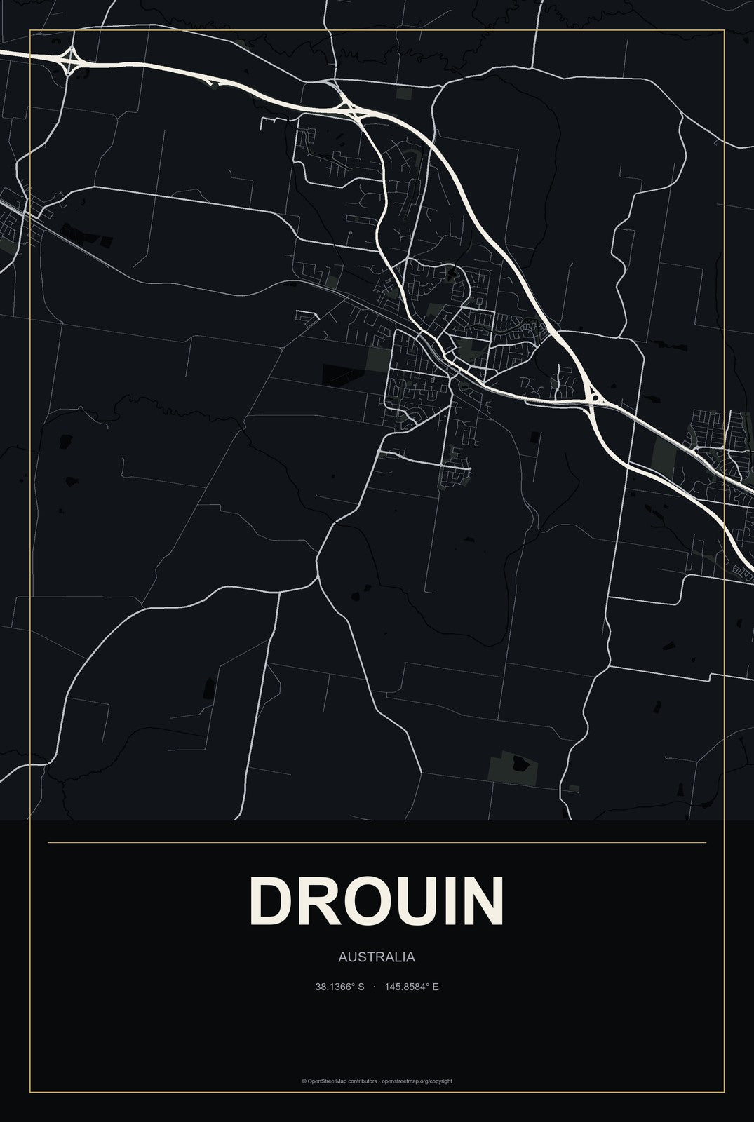 Drouin, Australia City Map Aluminum Sign in Metropolitan Noir style
