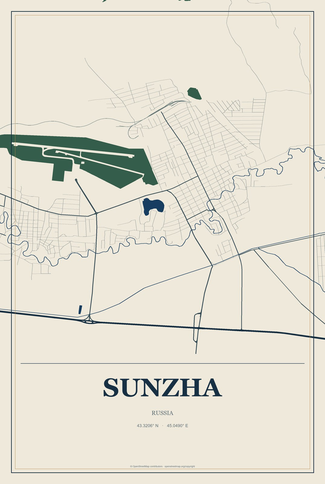 Sunzha, Ingushetiya Republic, Russia City Map Aluminum Sign in Coastal Cutout style
