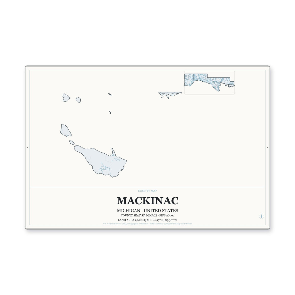 Mackinac County, Michigan Map Aluminum Sign in Gallery Air style